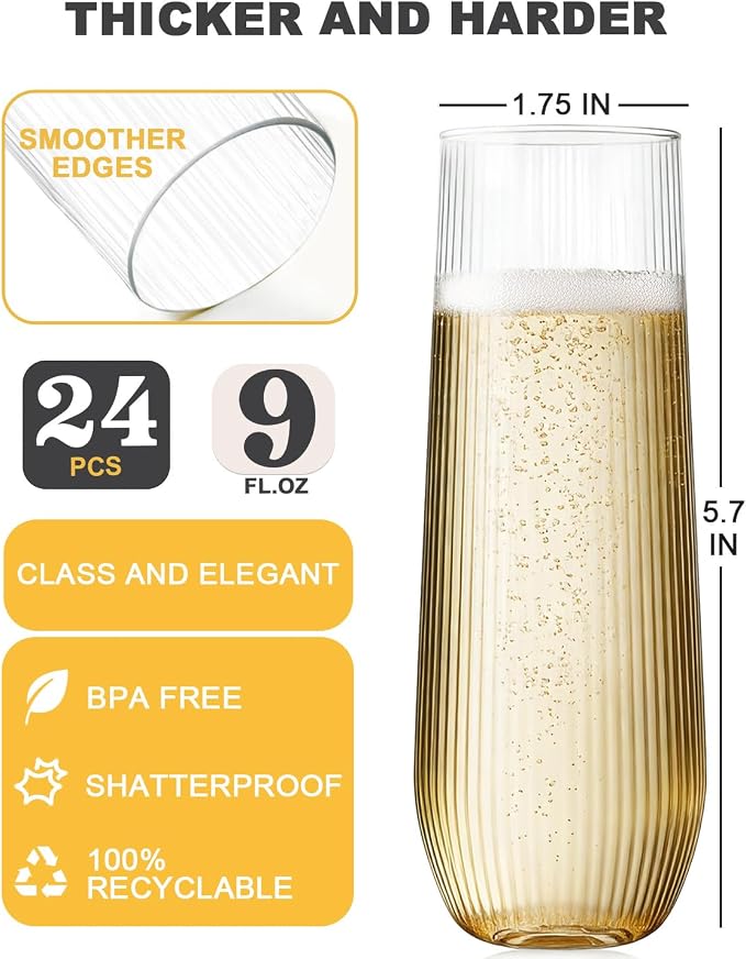 24 Pack Plastic Champagne Flutes, 9 Oz Disposable Wine Mimosa Glasses | Ribbed Stemless Champagne Flutes Cocktail Glasses, Plastic Cups for Bridal Shower Bachelorette Party Mimosa Bar