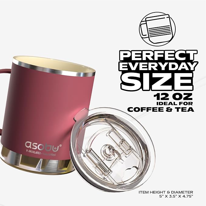 asobu Ultimate Ceramic Travel Mug, 12oz Insulated Stainless Steel Coffee Cup with Handle & Splash-Resistant Lid, Ceramic Lined for Pure Taste, BPA-Free, Double-Wall Vacuum for Hot Drinks