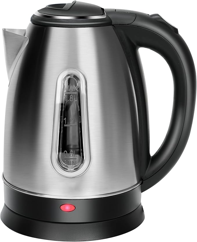 Electric Kettle, Stainless Steel 1.8 L, Fast Boiling, Auto Shut Off | Best For Coffee & Tea, Hot Water Boiler, No Plastic Contact with Water, Boil-Dry Protection, Water Window, LED Light, 1100W
