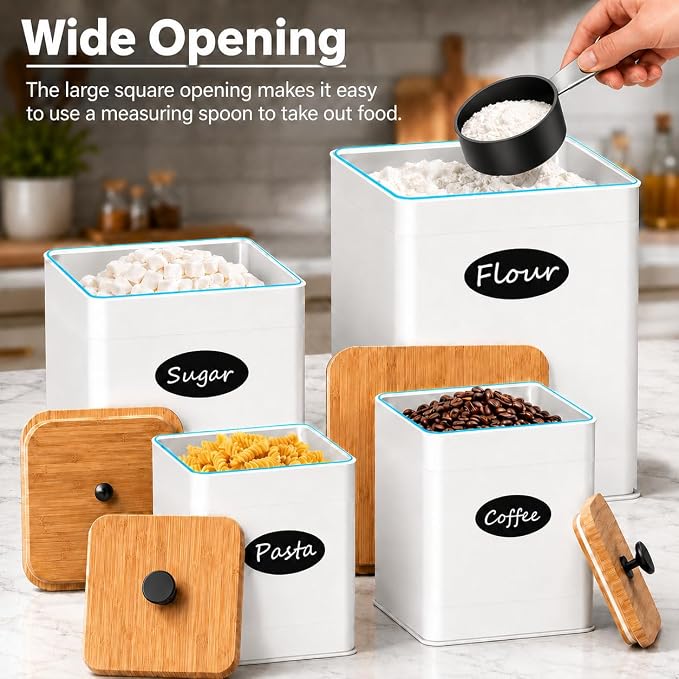 Kitchen Canister Set of 4, White Airtight Metal Flour Sugar Containers | Flat Bamboo Lids, Reusable Labels & Marker, Wide Openings, Coffee Tea Containers, Kitchen Countertop and Pantry Organized
