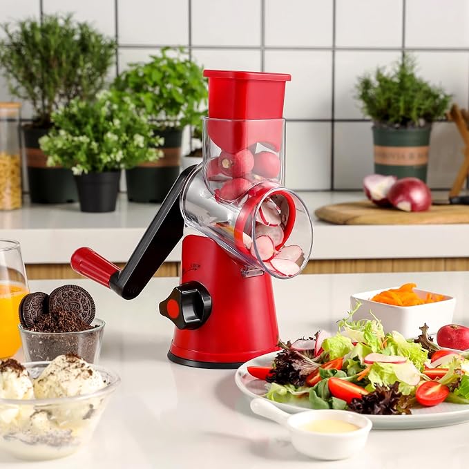 GDL Cheese Grater Hand Crank, Rotary Cheese shredder, Vegetable Slicer | 3 Stainless Steel Blades, 12x Fast Cutting, Non-slip Suction Base, No BPA, Dishwasher Safe, Easy Use for Cheese, Veggies, Nut