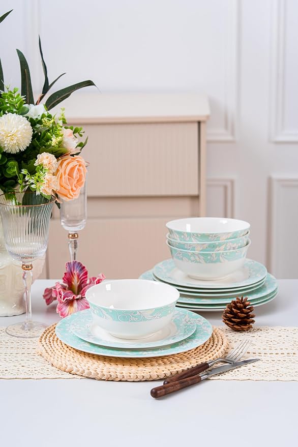 FHGNYSM 12-Piece Porelain Dinnerware Set, Light Green | 12-Piece Plates and Bowls set, Chip and Scratch Resistant, Microwave Safe, Dishwasher Safe, Home Restaurant Use