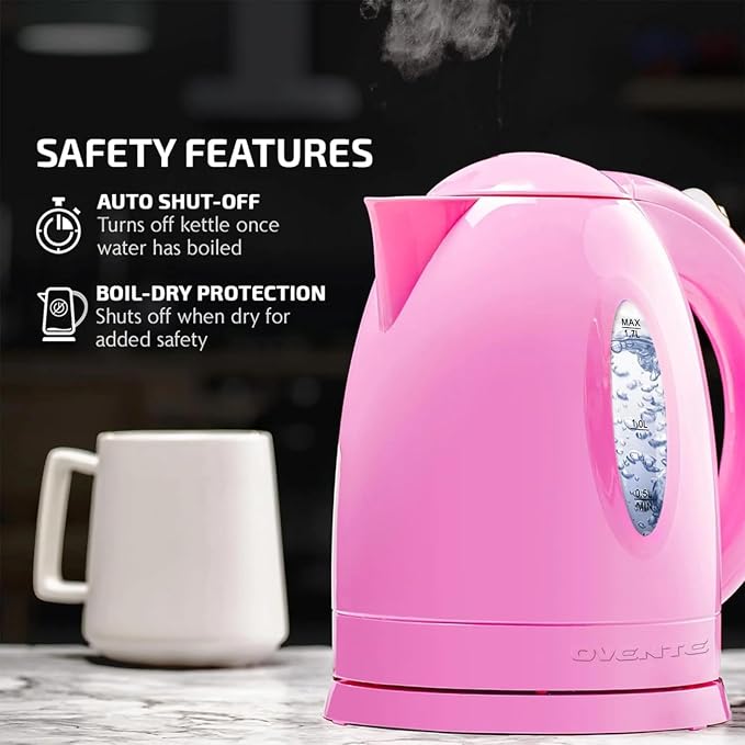 OVENTE Electric Kettle,1.7L Fast Boiling Water Heater for Coffee or Tea,BPA Free with Water Level Gauge,Auto Shut-Off,Boil-Dry Protection,Indicator Light and Removable Filter,Pink KP72P,(Pack of 12)