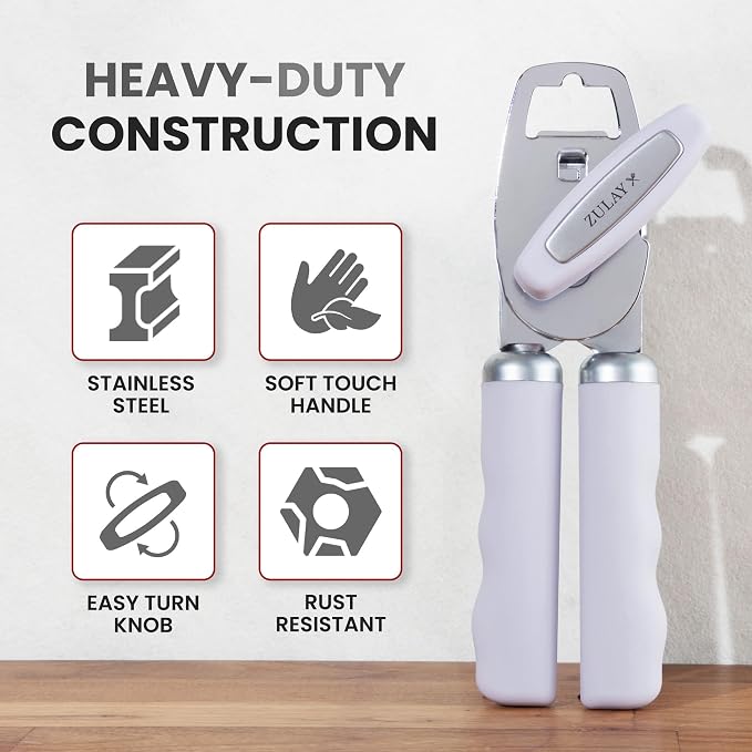 Zulay Kitchen Heavy Duty Stainless Steel Can Opener Manual with Bottle Opener - Rust Proof Manual Can Opener With Turn Knob & Comfy Soft Grip Handles - Airy Lilac