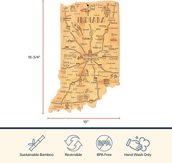 Totally Bamboo Destination Indiana State Shaped Cutting Board | State charcuterie serving board with engraved map artwork. Smooth reverse side for food prep. Hang tie for wall display.