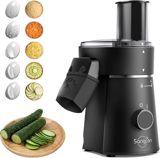 Sangcon 5-in-1 Electric Cheese Grater and Vegetable Slicer for Block Cheese | 5 discs: fine/coarse shred, fine/coarse slice & julienne | Direct-to-bowl chute, safety lock, top-rack dishwasher-safe parts