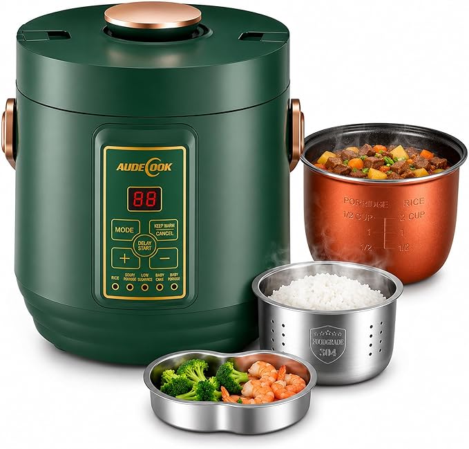 Audecook Low Carb Rice Cooker 2-Cup Uncooked Mini Multicooker with Steamer | 1.2L Mini Rice Cooker Portable 7-in-1 Rice Maker with Non-Stick Pot 24H Timer Auto Keep Warm Stainless Steel Steamer