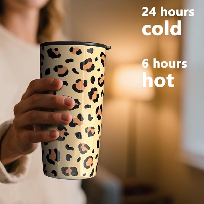 TILUCK 20 oz Insulated Coffee Tumbler with BPA-Free Lid | Travel Coffee Mug, Dishwasher Safe, Cup Holder Friendly, Double-Wall Vacuum Insulation for Hot & Cold Drinks, Leopard