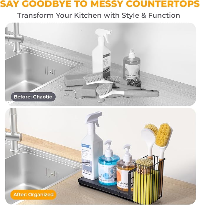 Kitchen Sink Caddy: Sponge Holder for Kitchen Sink Counter with Instant Drying Stone and High Brush Holder, Rustproof Stainless Steel Sponge Holder for Sponges, Scrubbers, Soap (Black)