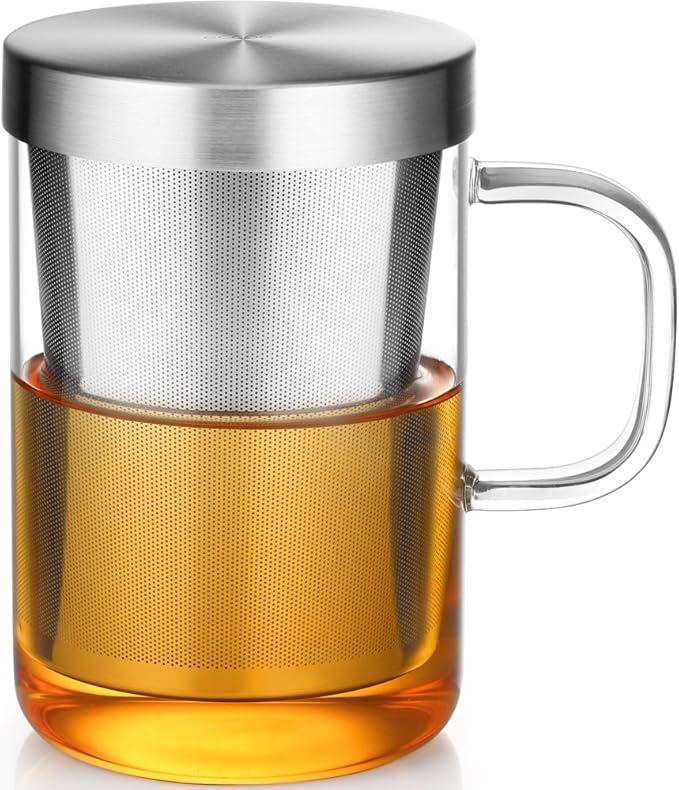 ecooe 16.9 OZ Borosilicate Glass Tea Mug Cup Glasses with Stainless Steel Infuser & Lid, Loose Leaf Tea Cup Clear Teacup 430mL(Use Capacity) | 500ml, Clear Glass Tea Cup, with Stainless Steel Infuser/Lid, Teacup for Loose Leaf Tea, Birthday for Parents...