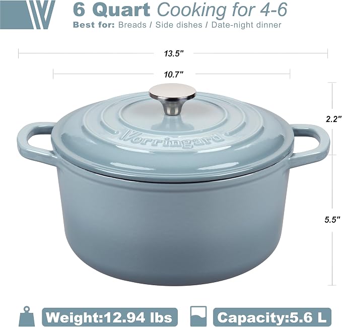 Enameled Cast Iron Dutch Oven Pot with Lid, for Sourdough Bread Baking, Round Dutch Ovens, 6 Quart, Sea Salt