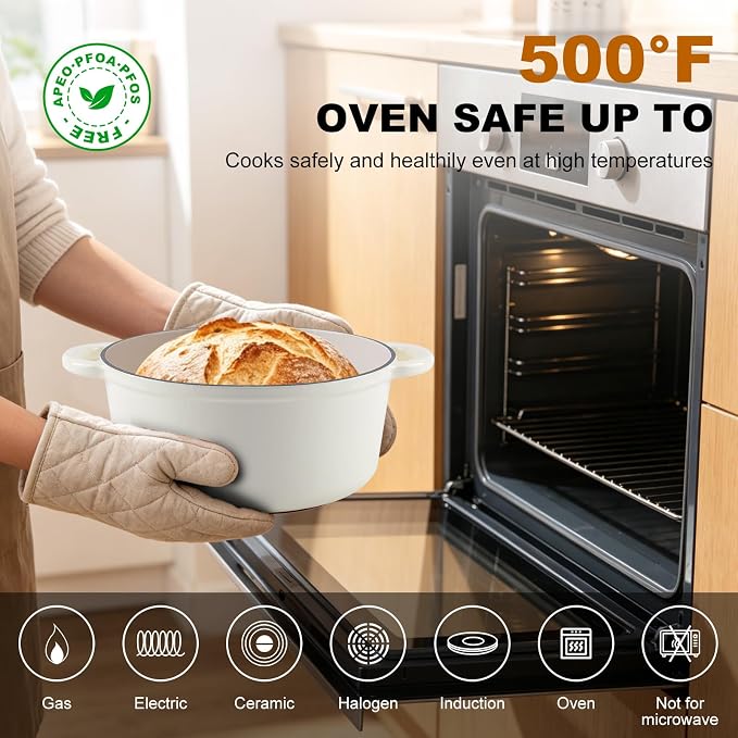 4-QT Enameled Cast Iron Round Dutch Oven With Lid,Oven safe,Cream | Small Dutch Oven,cream/gold-tone knob,500°F,sourdough,braising/stews/roasting，Kitchen Gift for Cooking Lovers
