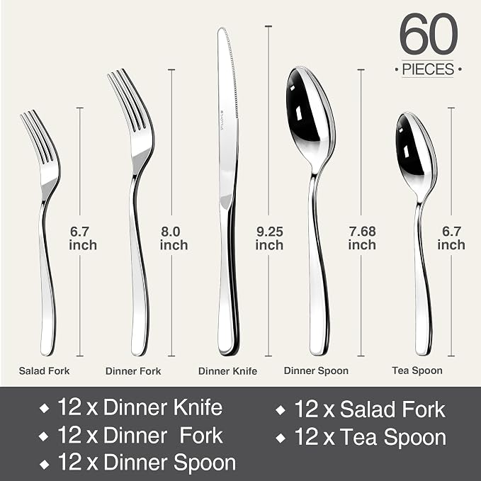 18/10 Silverware Set for 12, 60 Piece Stainless Steel Flatware Cutlery Set | Mirror Polished knives Forks and Spoons Utensils Heavy Silverware Sets,Dishwasher Safe for Dinner Home Kitchen,Wedding Party