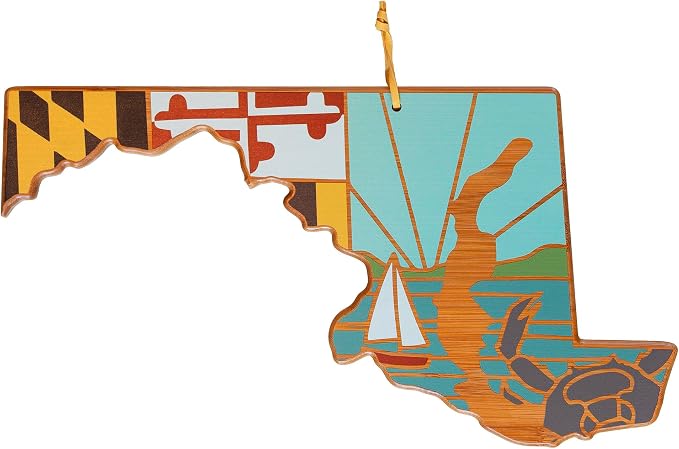 Totally Bamboo Maryland State Shaped Cutting Board, Summer Stokes Art | State charcuterie board with colorful hand-drawn landscape art. Smooth reverse side for food prep. Hang tie for wall display.