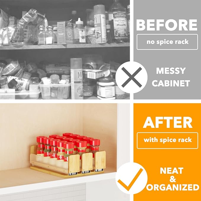SpaceAid Bamboo Pull Out Spice Rack Organizer for Cabinet, Heavy Duty Slide Out Seasoning Kitchen Pantry Sliding Vertical Organization, 7.6" Wide, 3 Drawers(2" Wide), 1-Tier, Natural