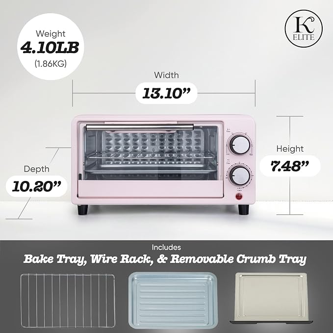 Kitchen Elite 4-Slice Countertop Toaster Oven, Stainless Steel Tray, Pink