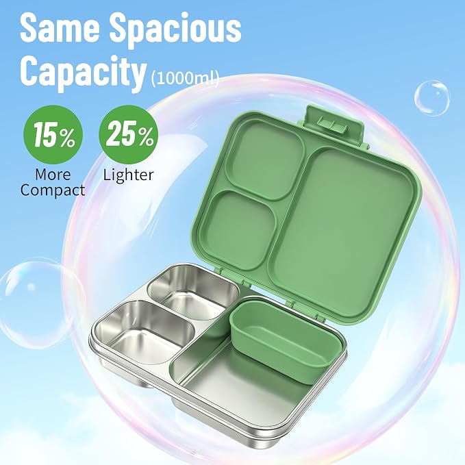 LOHASOK Stainless Steel Lunch Box, 34oz/1000ml, Green | 3-Compartment, Metal Bento Container, Leak Proof, Plastic Lid, for Kids Adults, BPA/BPS Free, Dishwasher Safe