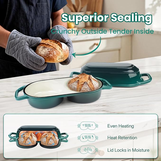 YONILL Mini Double Dutch Oven with Lid for Sourdough Bread Baking | Enameled Cast Iron Pot with Lid, 5" Banneton Bread Proofing Basket Include, Dual Round Bread Loaf Pan for Homemade Baking