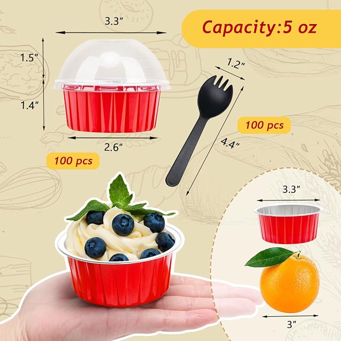 LNYZQUS 5oz Cupcake Tins with Dome Lids 100 Pack, Foil Dot Cake Cups | Mini Cake Pans and Containers, Disposable Ramekins, for Baking and Packaging, for Christmas, Round Red