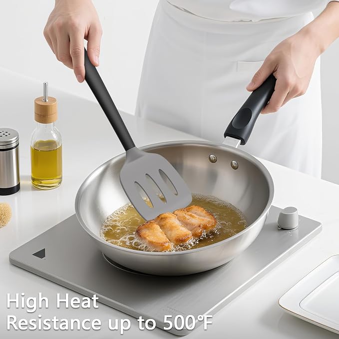 Coukre 3 Pack Silicone Spatula Set, Heat Resistant to 500°F, BPA-Free | Fish Spatula, Solid & Slotted Turners, Dishwasher Safe, Spatula Set for Eggs, Pancakes, Fish & Burgers, GrayBlack