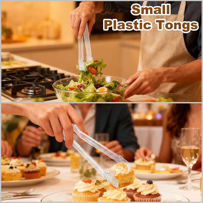 10Pcs Clear Plastic Serving Tongs, 6.3 Inches Small Disposable | Mini Plastic Tongs for Food, Party, Buffet, Salad, Appetizer, Ice, Candy, Catering, Fruit, Easy to Hold and Clean