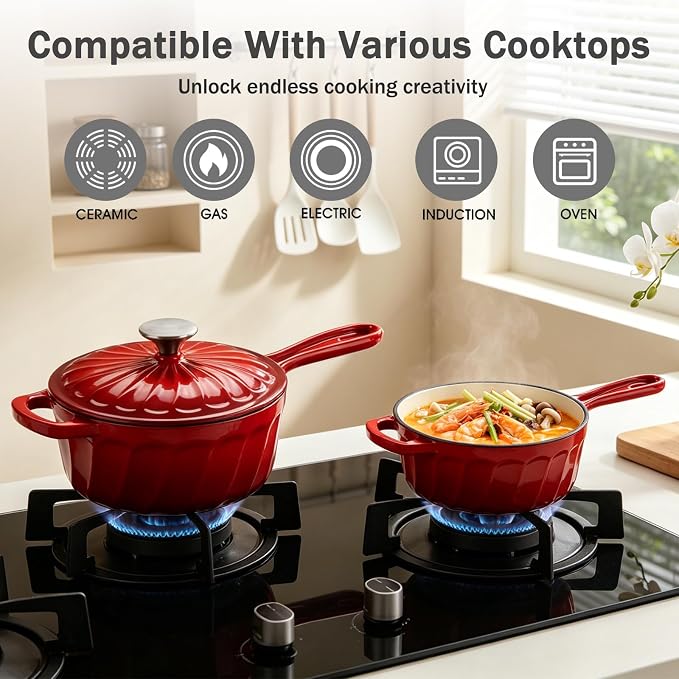 Enameled Cast Iron Sauce Pan with Lid, 2 Quart Saucepan with Lid | Dutch Oven with Lid, Small Cast Iron Pot for Cooking Pasta, Soup, Milk, Induction & Oven Safe Up to 500°F, Red