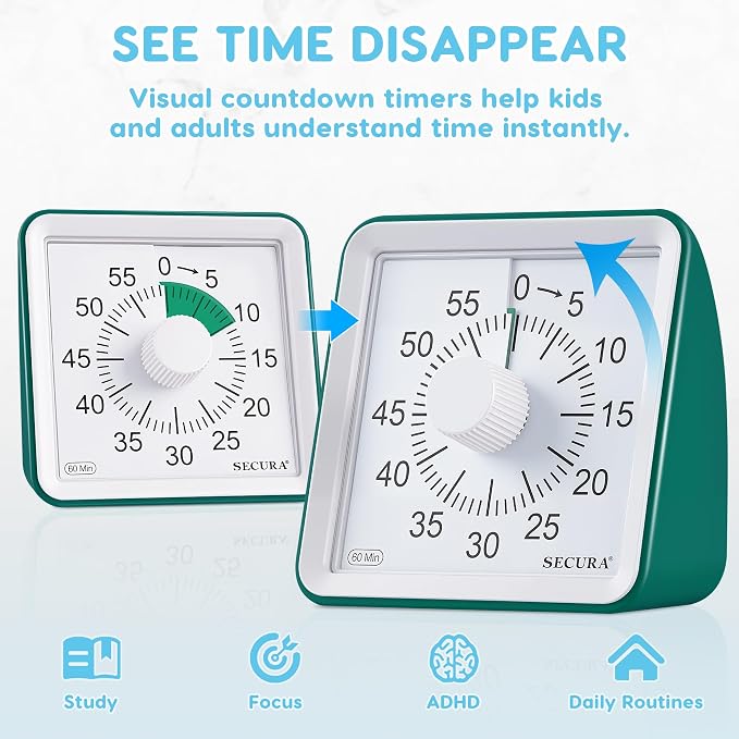 Secura Visual Timer for Kids, 60 Minute Classroom Countdown Timer for Study | Non-Ticking, Adjustable Alarm Volume/Duration, Low Power Reminder, Time Management Tool for ADHD (Dark Green & Dark Green)