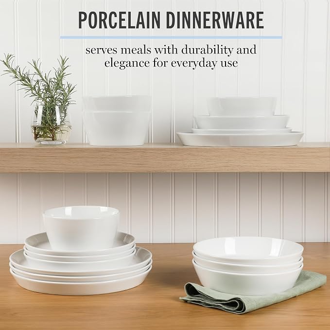 Martha Stewart Selma Chip & Scratch Resistant Dinnerware Set Service for 4 (16pcs) – White Plates and Bowls, Durable Dishwasher and Microwave Safe Dishes Set for Everyday Use