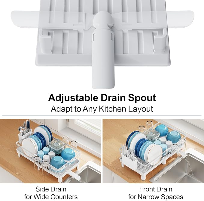 Expandable Dish Drying Rack - Compact with Drainboard, White | 12-20.5 in Adjustable Length, 360° Rotating Drain Spout, Cup & Utensil Holder, Rust-Resistant, Ideal for Small Kitchens & RVs