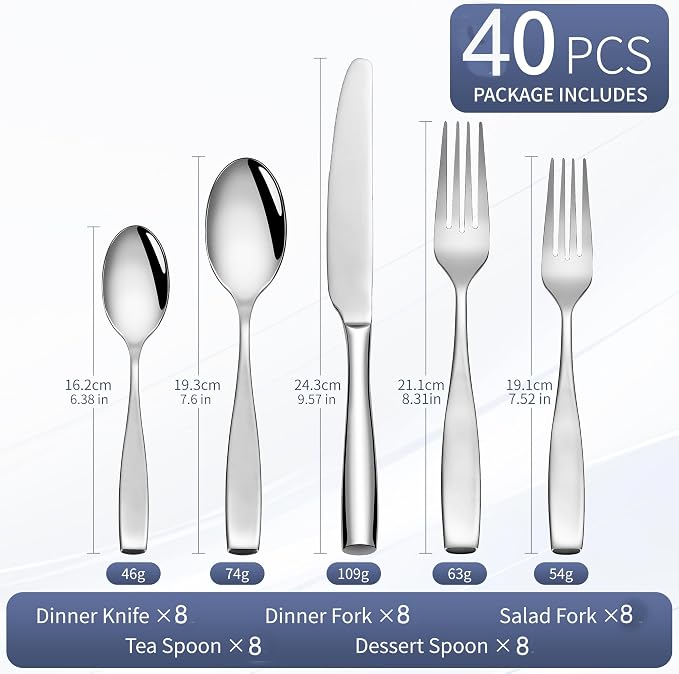 40 Piece Stainless Flatware Sets for 8, 18/10 Heavy Stainless Steel Flatware, Heavy Duty Silverware Set, High End Flatware, Mirror Satin, Dishwasher Safe, Ideal for Gift