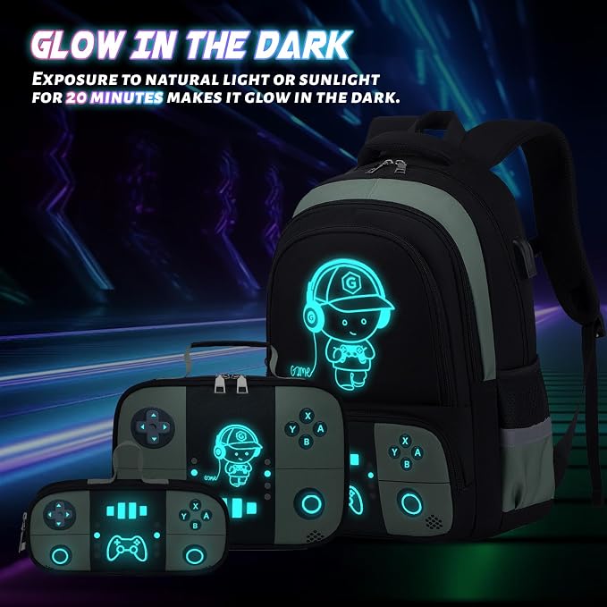 Backpack for School Boys, Cool Luminous Gamer Boys Schoolbag | with Lunch Box & Pencil Case Set for Kids Teens Elementary Middle School, Bookbag Glow In The Dark