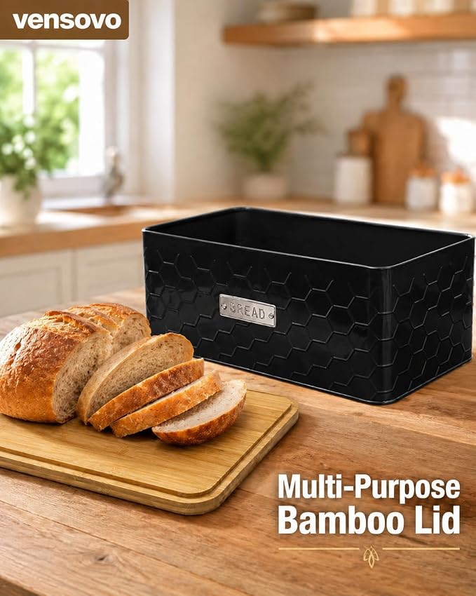 Bread Box for Countertop, Small Black Metal Bin with Bamboo Lid | Small farmhouse bread storage container and bread bin with cutting board lid for homemade bread and baked goods organization.