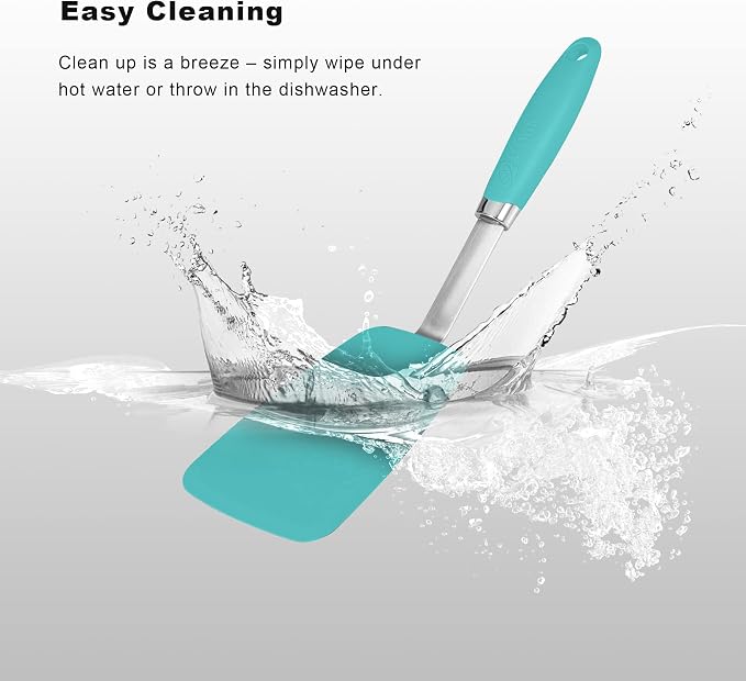 5-Piece Silicone Spatulas Set with Tongs, 446°F Heat Resistant, Aqua Sky | Steel-core Utensils, Nonstick-safe Silicone Turners and Tongs for Flipping, Grilling, Mixing and Baking, Dishwasher Safe