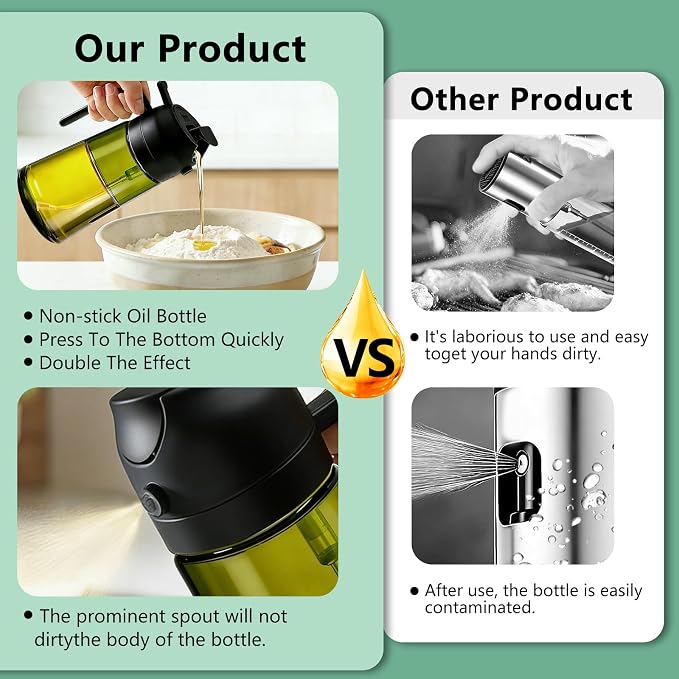 Olive Oil Sprayer & Dispenser Bottle for Cooking, Air Fryer, BBQ, and Salad – 2-in-1 Oil Mister Kitchen Accessory (Black)