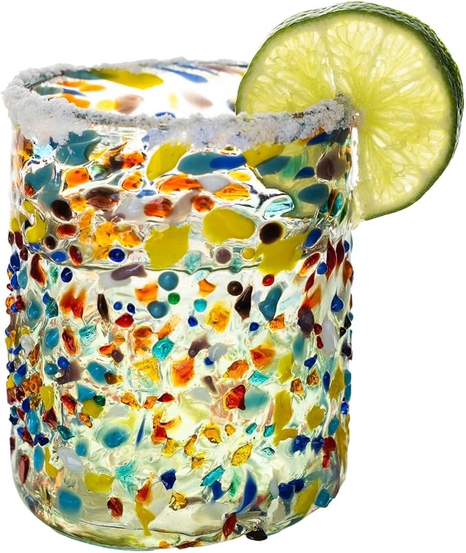 Confetti Dots Hand Blown Tumbler Glasses Set of 6 – Colorful Mexican Glassware – 10 oz Recycled Glass Tumbler – Hand blown Mexican Drinking Glasses for Cocktails, Wine & Tequila