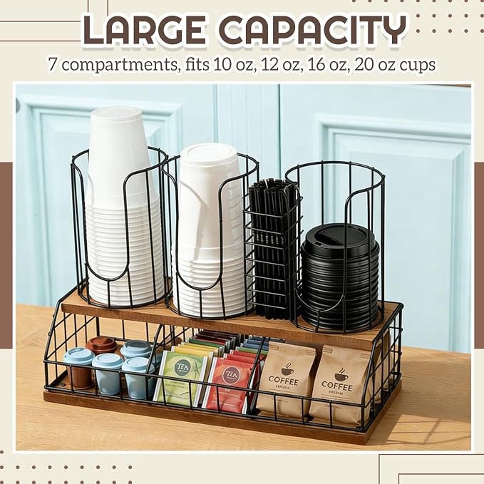 18oz Adjustable Coffee Cup Dispenser with Wooden Base, Cup and Lid Holder, Cups Holder Organizer for Coffee Pod Straw and Lid Storage(4-compartment Double,Color 1)