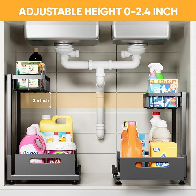 L-Shaped Under Sink Organizer, 2-Tier Pull-out Cabinet Rack 1-Pack | Black Height-Adjustable Steel Rack, Sliding Grid Drawers with PP Liners, Holds 100 Lbs, Suction Base, Ideal Kitchen Storage