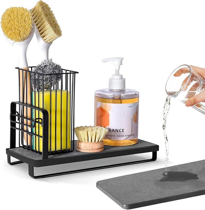 Kitchen Sink Caddy: Sponge Holder for Kitchen Sink Counter with Instant Drying Stone and High Brush Holder, Rustproof Stainless Steel Sponge Holder for Sponges, Scrubbers, Soap (Black)