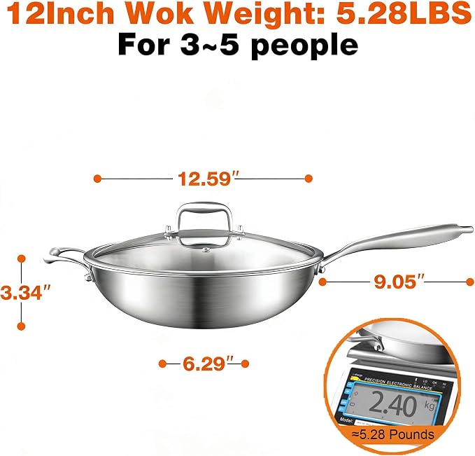 DELARLO Tri-Ply Stainless Steel Wok, 12 Inch Healthy Non-Toxic Cooking Wok Pan with Lid, With Side Ear, Wide & Deep Cookware Stir-Fry Pans, Dishwasher and Oven Safe Up To 600°F, Works on Induction