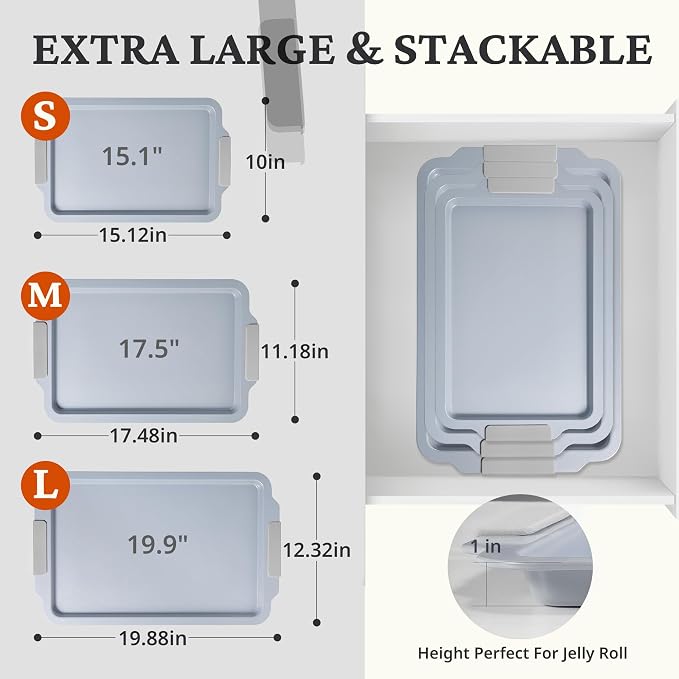 BRONYPRO Non Stick Ceramic Baking Sheet Pan Set of 3, Non Toxic Cookie Sheets (PFOA/PTFE Free), Aluminized Steel Oven Trays with Silicone Handles, Rust-Resistant, Warp-Resistant to 500°F, Light Gray