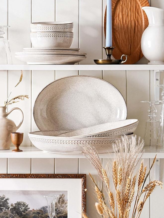 LE TAUCI Ceramic Serving Bowls Set of 2, Large Oval Serving Dishes for Entertaining, 11.8 & 13.5 Inch Salad Bowl for Kitchen Counter, Fruit Bowl, Pasta Bowls, Microwave and Dishwasher Safe - Birch