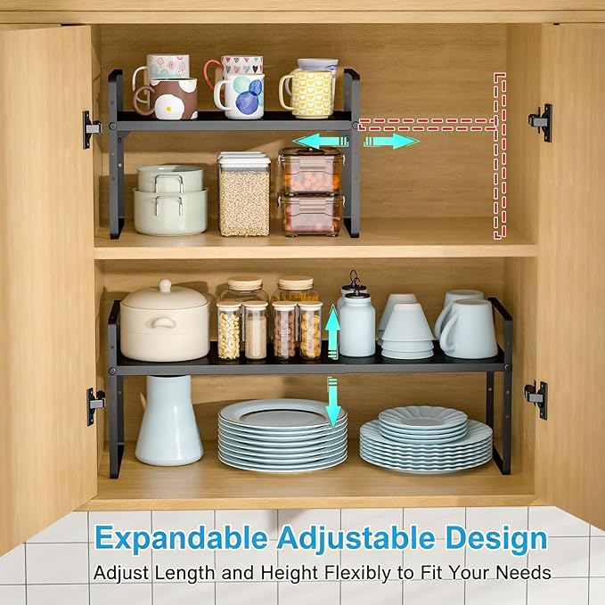 15.5 to 25.5 Inch Expandable Kitchen Cabinet Organizer Shelf, 2 Pack 30 LBS Heavy Duty Adjustable Kitchen Counter Storage Shelves Organizers,Stackable Small Storage Shelf Rack For Cabinet Cupboard