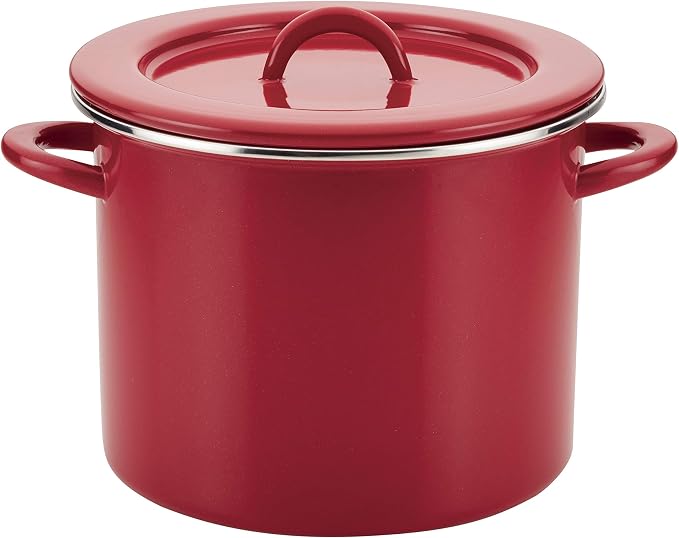 Rachael Ray Create Delicious Large Enamel on Steel Induction 12 Qt Stock Pot with Lid, Red Shimmer