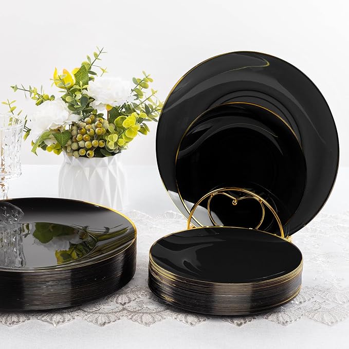 Bestluck 175PCS Black Plastic Dinnerware Set, Black Plastic Plates for 25 Guests, Include 50 Black Gold Plates with 75 Plastic Cutlery, 25 Napkins and 25 Cups