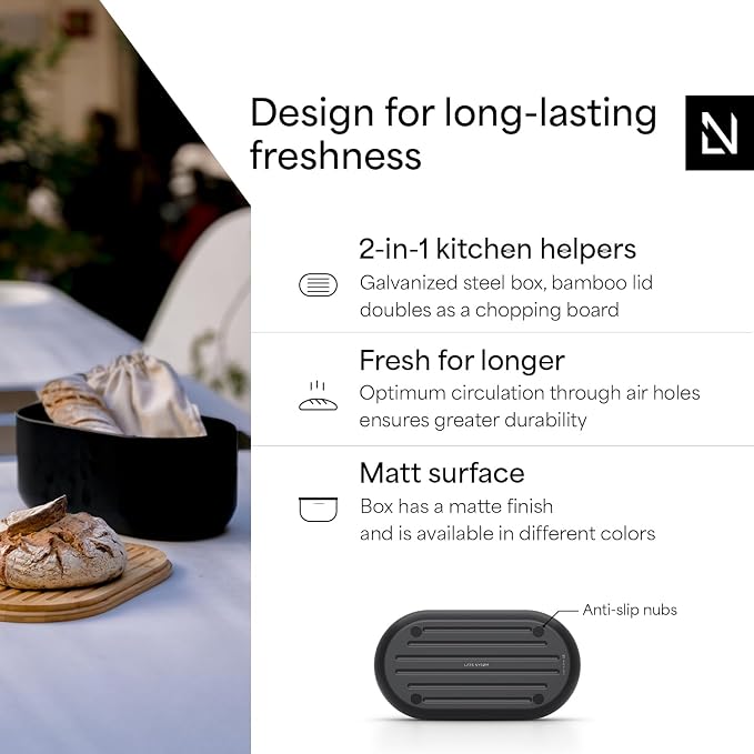 LARS NYSØM Bread Box I Metal bread box for long lasting freshness with non-slip pads I Baked goods Bin with bamboo lid usable as cutting board I 13.6x7.3x6.2in (Carbon Black)