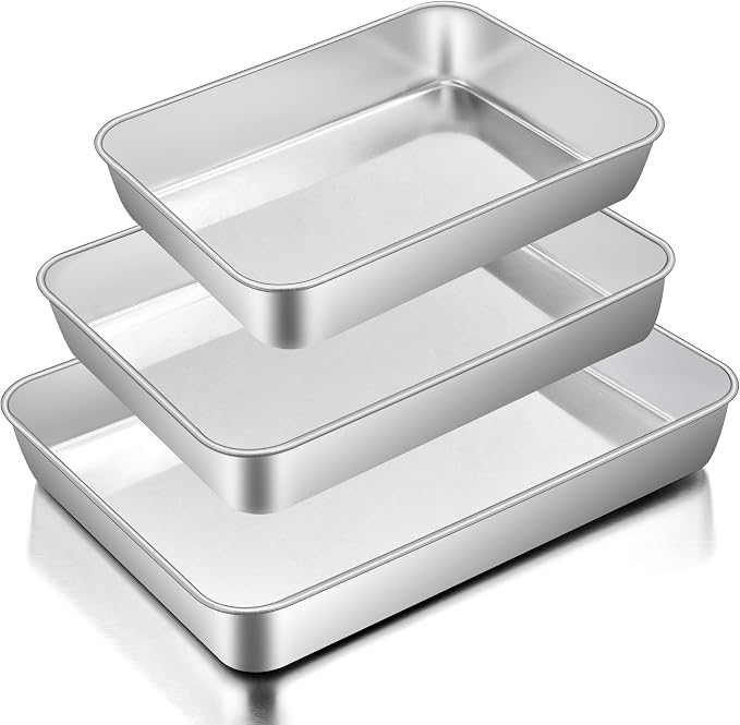 E-far Baking Pans Set of 3, Stainless Steel Sheet Cake Pan for Oven | 12.5/10.5/9.4Inch, Rectangle Bakeware Set for Cake Lasagna Brownie Casserole Cookie, Non-toxic & Healthy, Dishwasher Safe