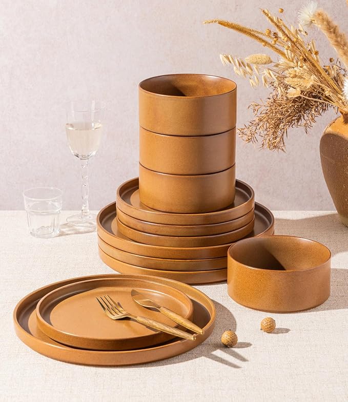 LERATIO Stoneware Dinnerware Sets for 4,12-Piece Matte Plates and Bowls Set | Handmade High Edge Rim Dish Set,Oven & Microwave,Dishwasher Safe,Scratch Resistant--Caramel