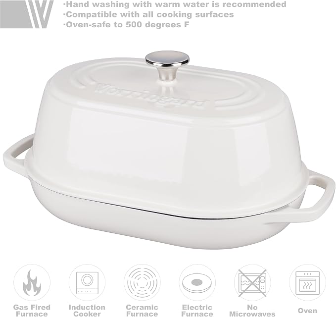 Enameled Cast Iron Dutch Oven Pot with Dome Lid, Oval Bread Oven for Homemade Sourdough Bread Baking, Oven Safe up to 500°F, 6 Quart, White