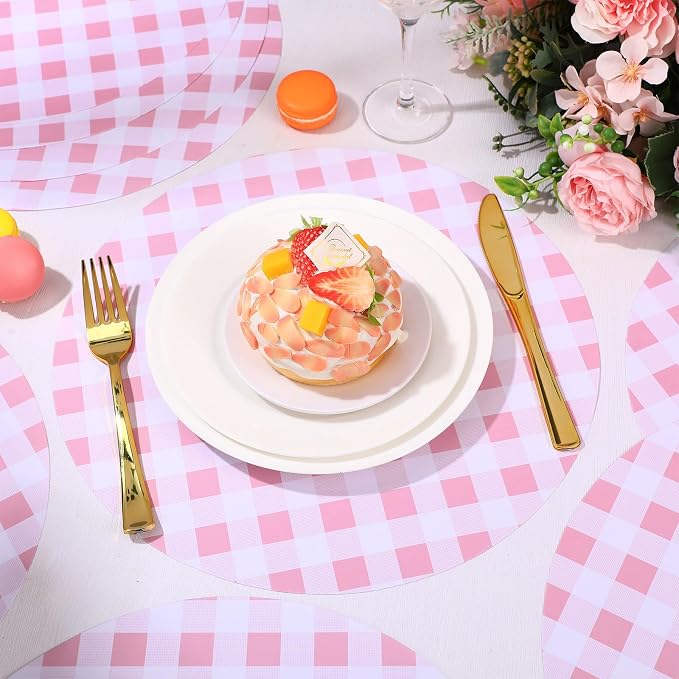Funnymoom 60 Pcs Pink and White Gingham Disposable Paper Placemats Round Table Place Mat Summer Checkered Decorative Paper for Baby Shower Wedding Birthday Party Dinner Table Decor
