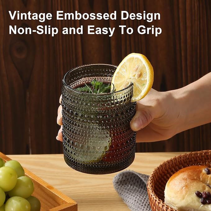 ZMOWIPDL 12oz & 15oz Hobnail Drinking Glasses,Grey Glass Cups Set of 8 | Vintage Highball Glassware，Kitchen Drinkware，Embossed Water Tumbler,for Beer,Cocktail,Whiskey,Juice,Various Mixed Drinks